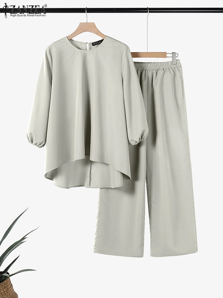 

ZANZEA Summer 2pcs Outfits Women Pant Sets Fashion High Low Blouse Trousers Suit Solid Two Pieces Sets Elegant Work Tracksuits