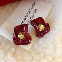 Unique Curly Edge Flower Drop Earrings for Women Silver Color Wine Red Enamel Oil Personality Dangle Earrings Party Jewelry