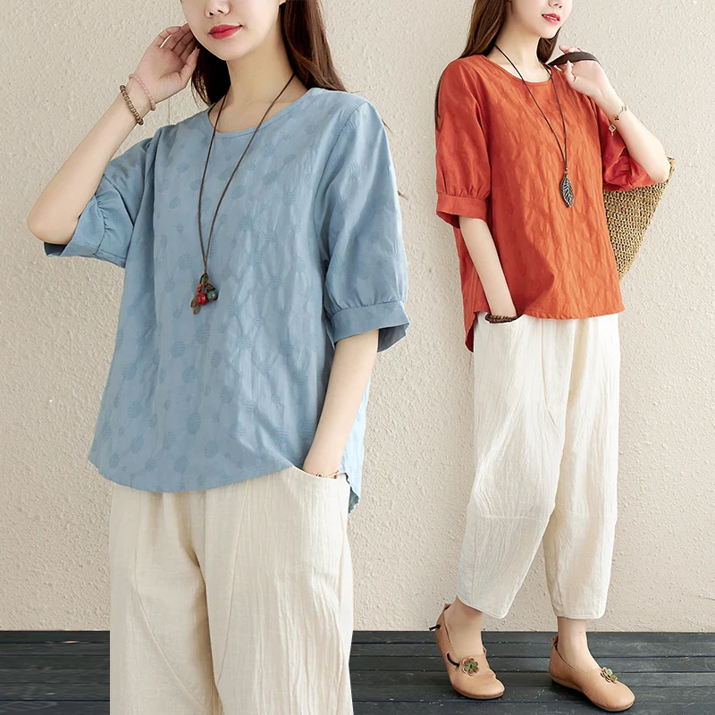 2024 Summer Women 2Pcs Solid Short Sleeve Blouse+Pants Office Lady Cotton Linen Set Casual Loose Fashion Tops And Trousers Sets