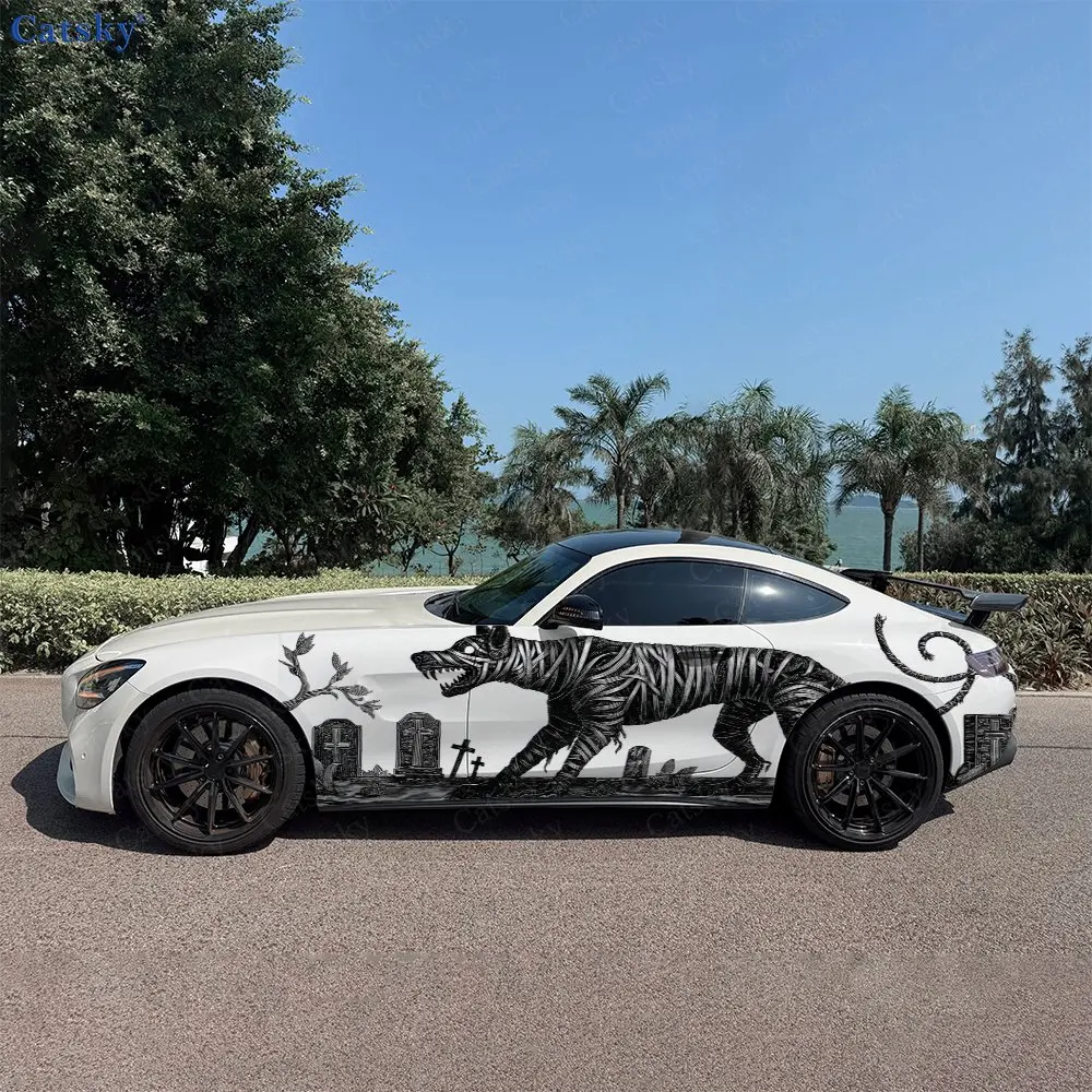 2pcs Graveyard Mummy Tiger Frenzy, Durable, Fade-resistant, Enhance Vehicle Aesthetics With Bold Artistic Design Car Vinyl Wraps