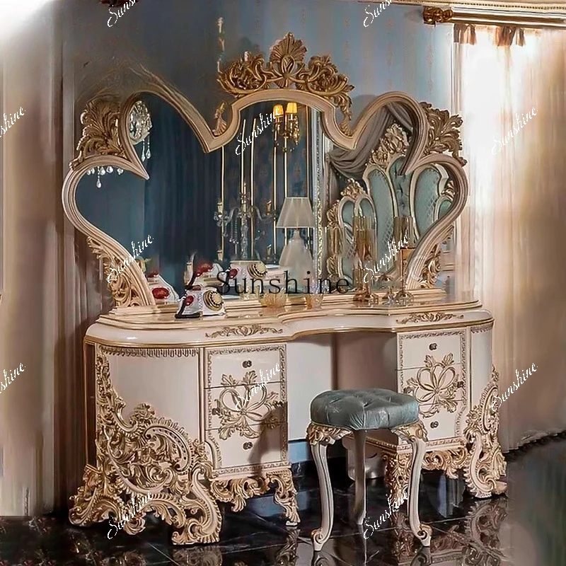 French solid wood carving flower dresser luxury princess dressing table bedroom creativity  FT