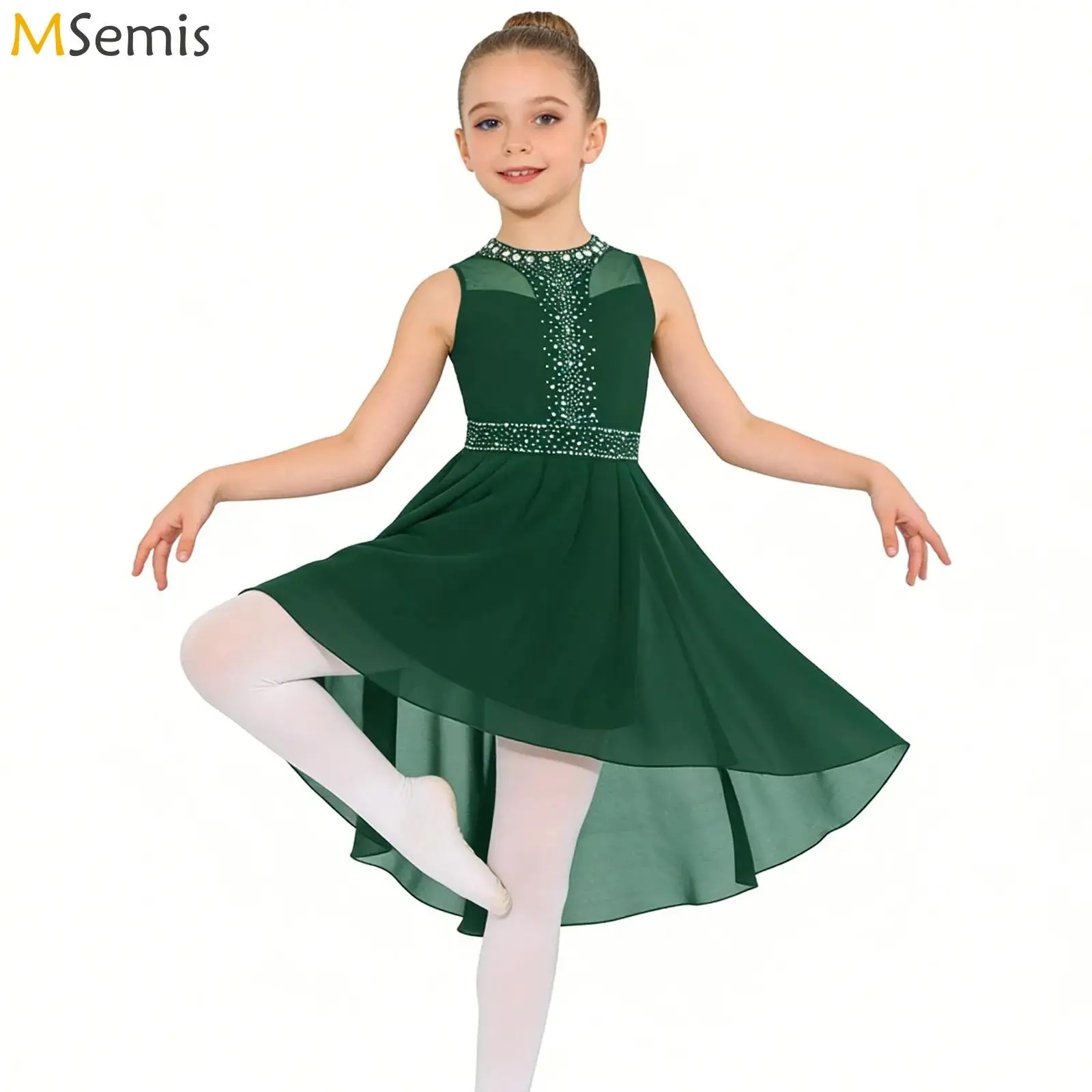 

Kids Girls Glittery Rhinestones Lyrical Dance Dress Costume Pleated High-Low Chiffon Hem Sleeveless Performance Gowns Dress