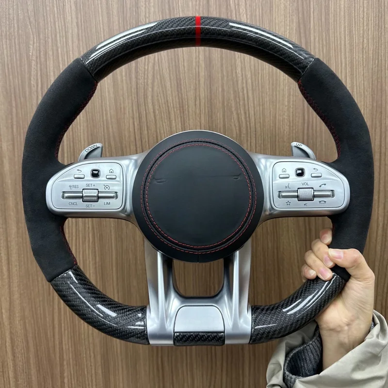 For Mercedes Benz A180L C200L E300 GLC260 GLA200 AMG Carbon Fiber Suede Steering Wheel  Cover Horn Shell