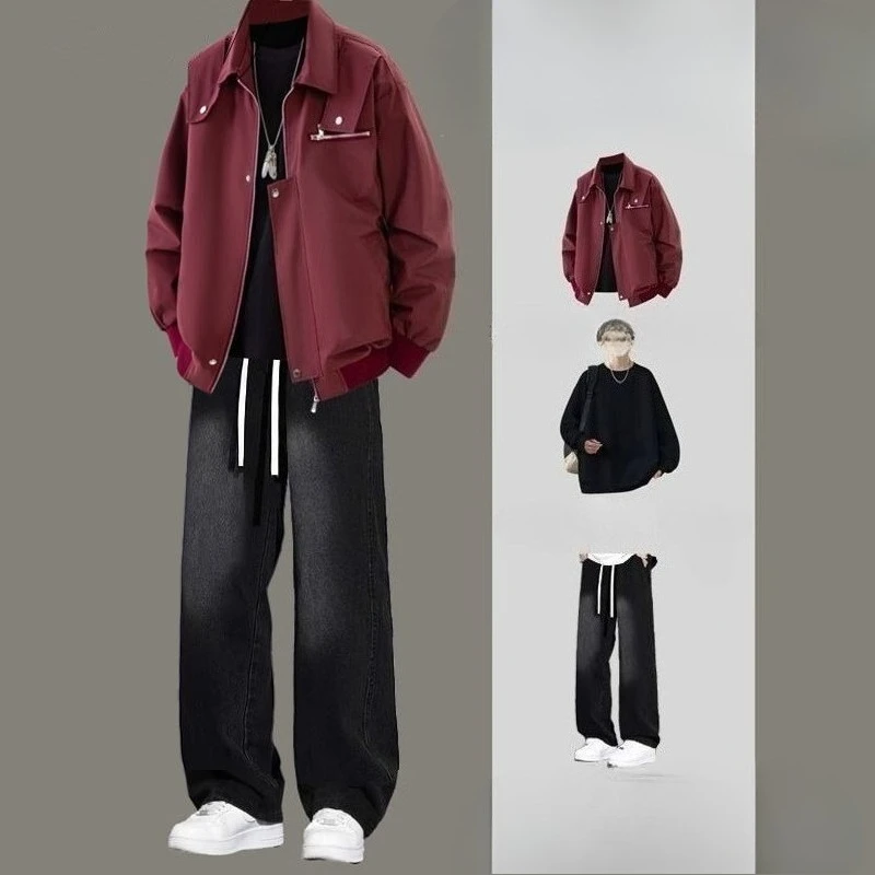 Men American Retro Workwear Jacket Set 3Pcs Teen Male Outfit with Jeans Trendy Coat