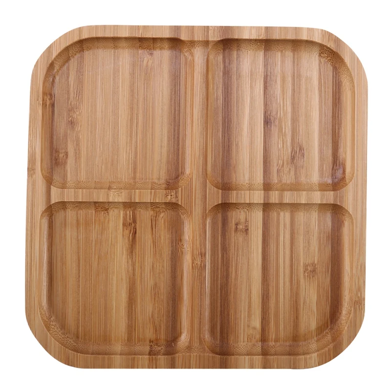 4 Grids Bamboo Snack Plate Rectangle Fruit Bread Tray Dishes Organizer Rack Refreshment Plate Kitchen Party Supplies