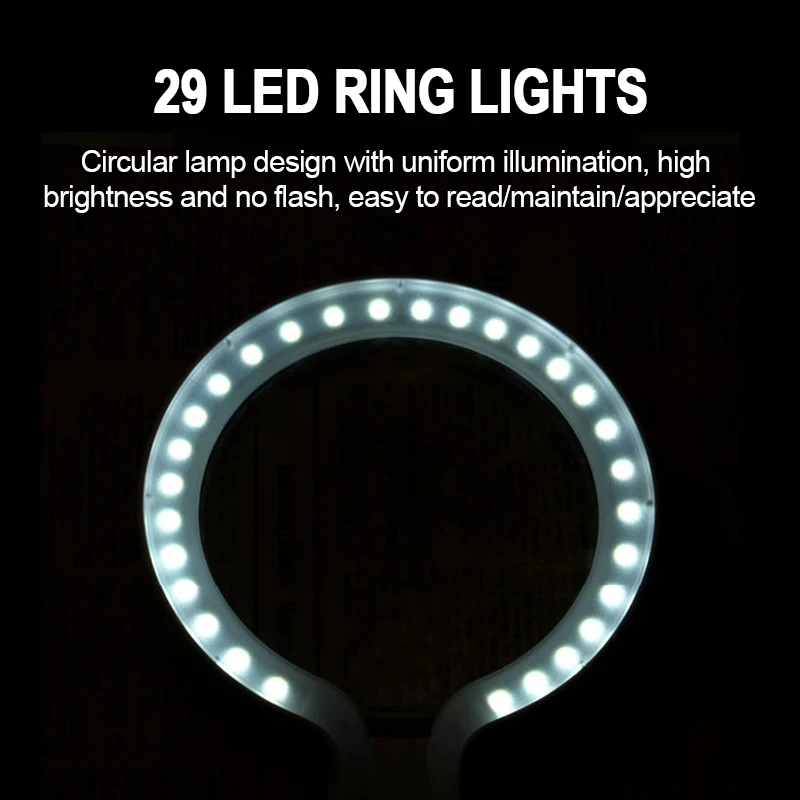 Lente Grande Lupa de Mão, Lupa Recarregável, 29 LEDs, 3 Engrenagens, Lupa Ajustável para Leitura para Idosos, 10X, 25X