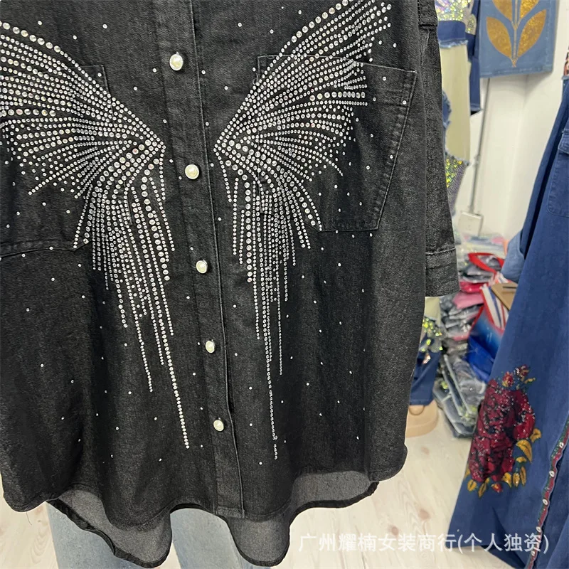 Trendy New Autumn Women Black Denim Set Hot Diamonds Wings Short Sleeve Cardigans Shirt + Elastic Waist Wide Leg Short Jeans