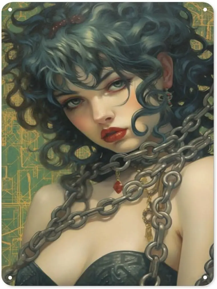 Chains Tied Up Sexy Girls Metal Tin Sign Vintage Pinup Girls Wall Decor Art for Film Lovers Home Garage Bar Man Cave 8x12 I sign