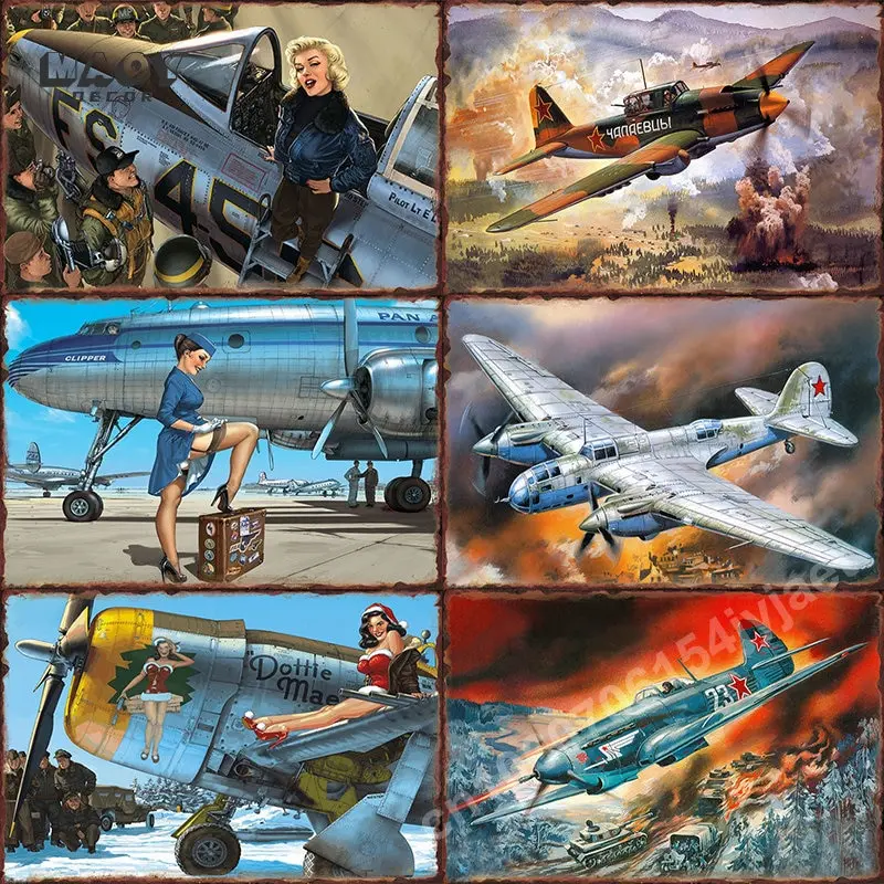 Vintage Retro Airplane  Car Metal Tin Sign Plates  Wall Decor Posters for Living Room House Art Paintings Pictures Murals