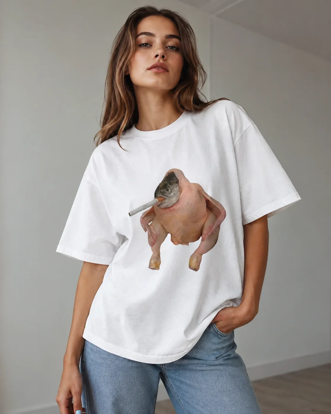 Women's Clothing, Smoking T-shirts with Fish and Chicken Face Patterns Printed on Harajuku Fun T-shirts Aesthetic Loose T-shirts