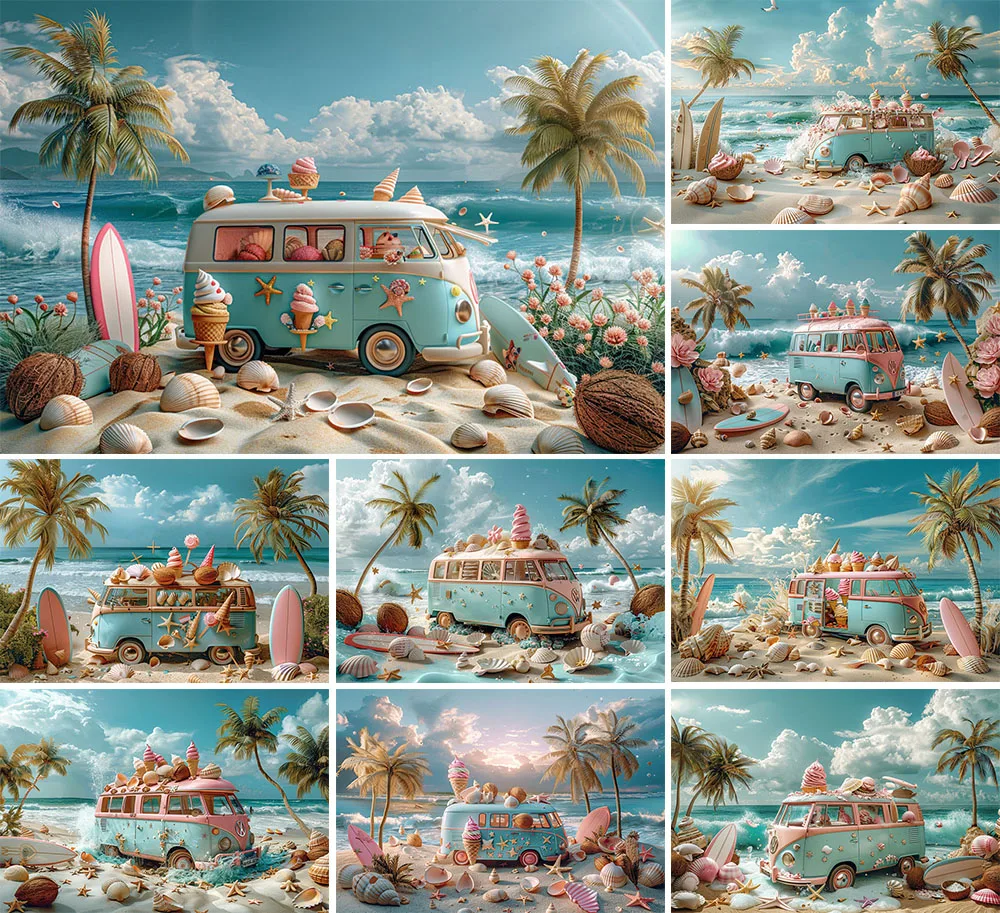 Mehofond Photography Background Summer Beach Ice Cream Truck Shell Kids Birthday Cake Smash Portrait Decor Backdrop Photo Studio