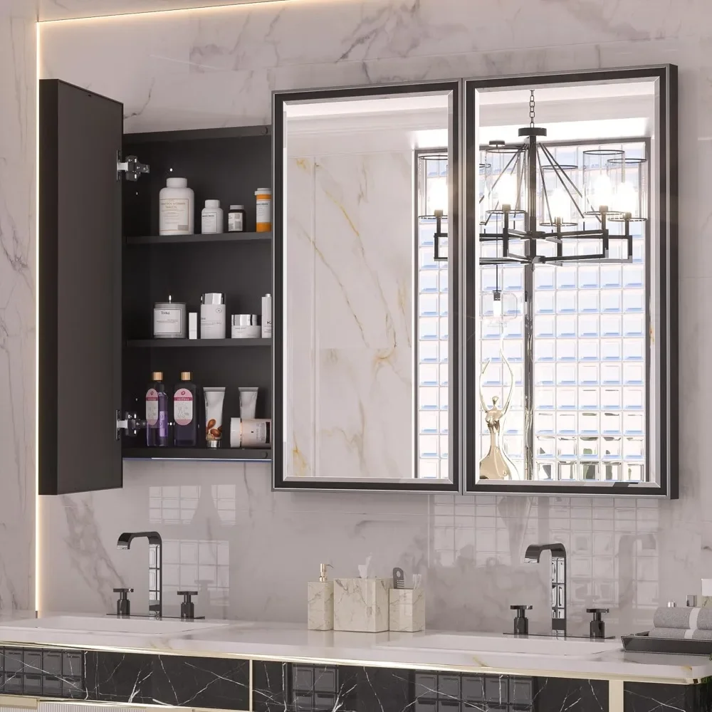 48” X 30” Black Bathroom Medicine Cabinets with Mirror Recessed or Surface Wall-Mounted Aluminum Alloy Framed Beveled Mirror