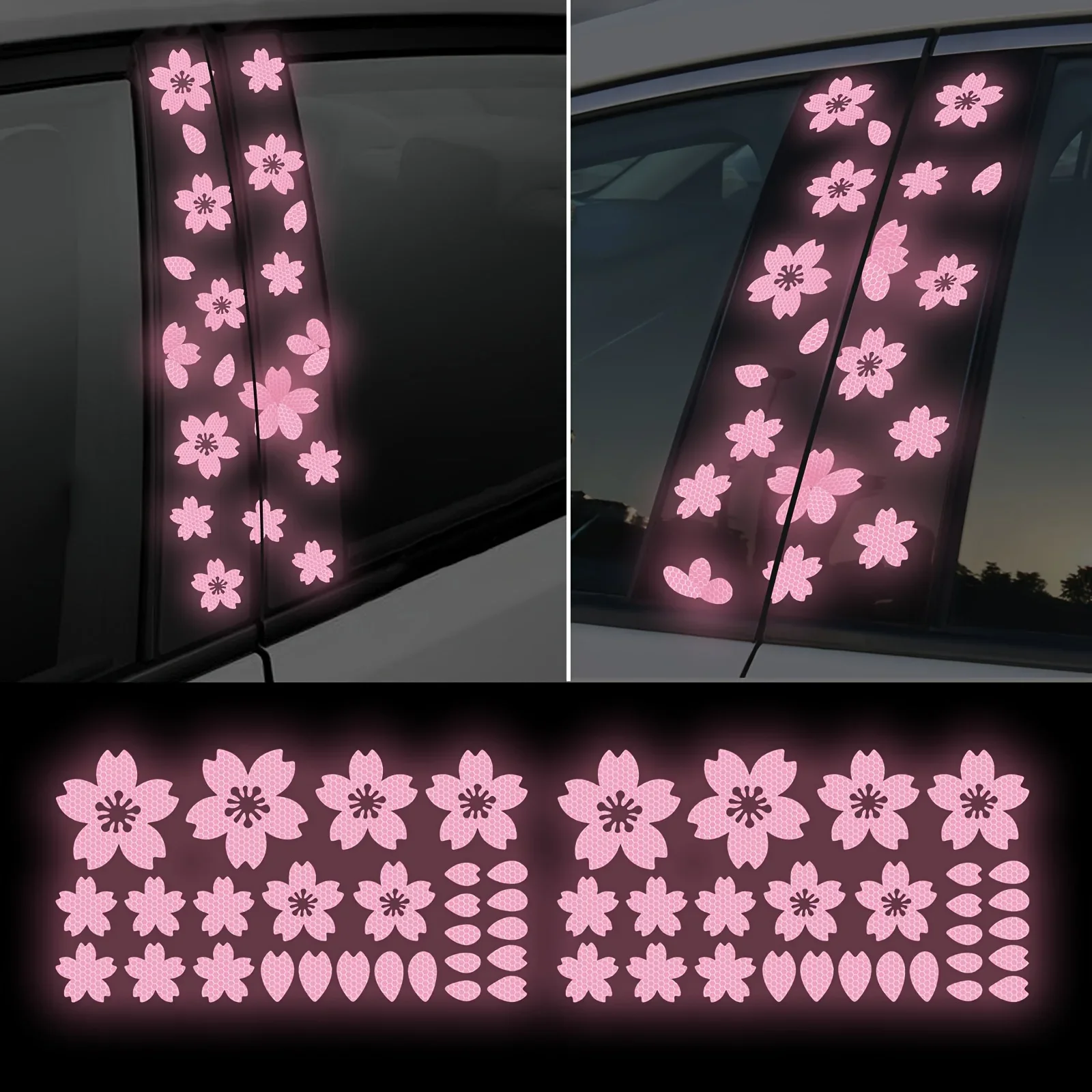 Sakura Flower Reflective Vinyl Decal Waterproof Sticker for Car B Pillar Window Exterior Auto Decor