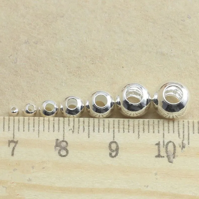 

50PCS Solid 925 Sterling Silver Round Beads DIY Accessories Spacer Making Big Hole 2mm-8mm loose Bead