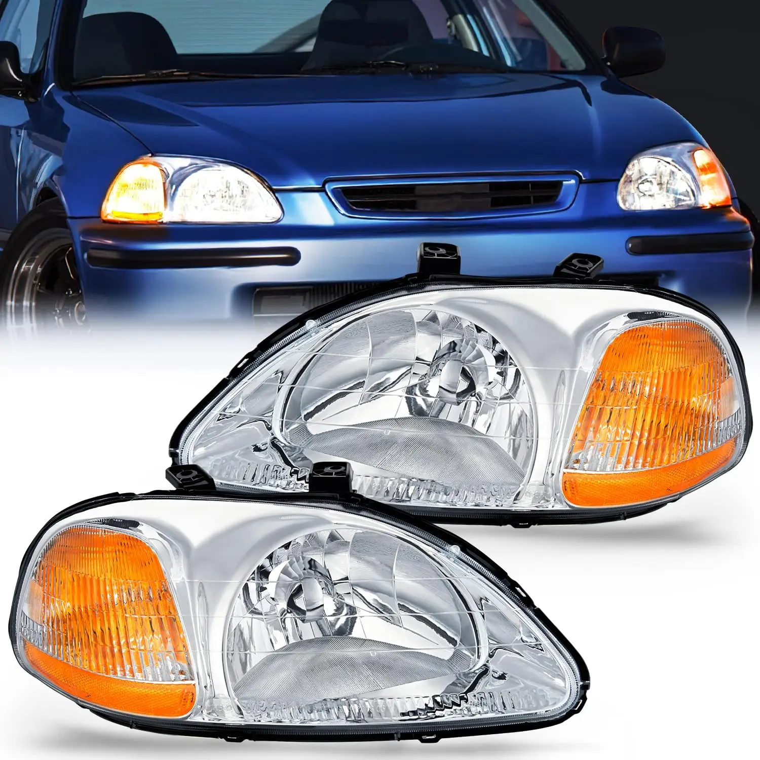 

Headlight Assembly Compatible with 1996 1997 1998 Honda Civic Headlamps Replacement Chrome Housing Amber Reflector Upgraded Clea