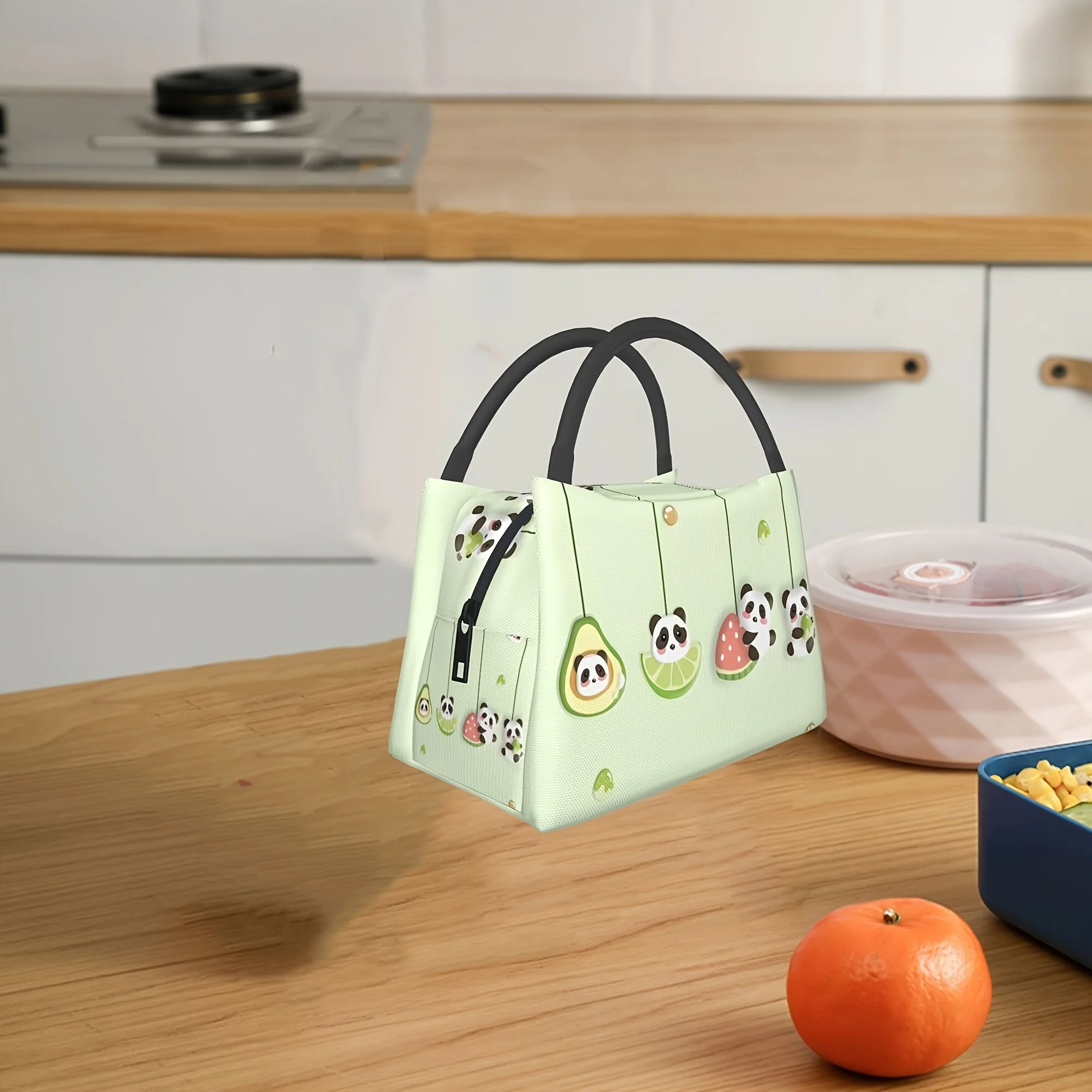 A Fruit Panda Patterned Portable Reusable Cooler Bag, Insulated Bag, And Lunch Bag, Essential for Camping, Picnics