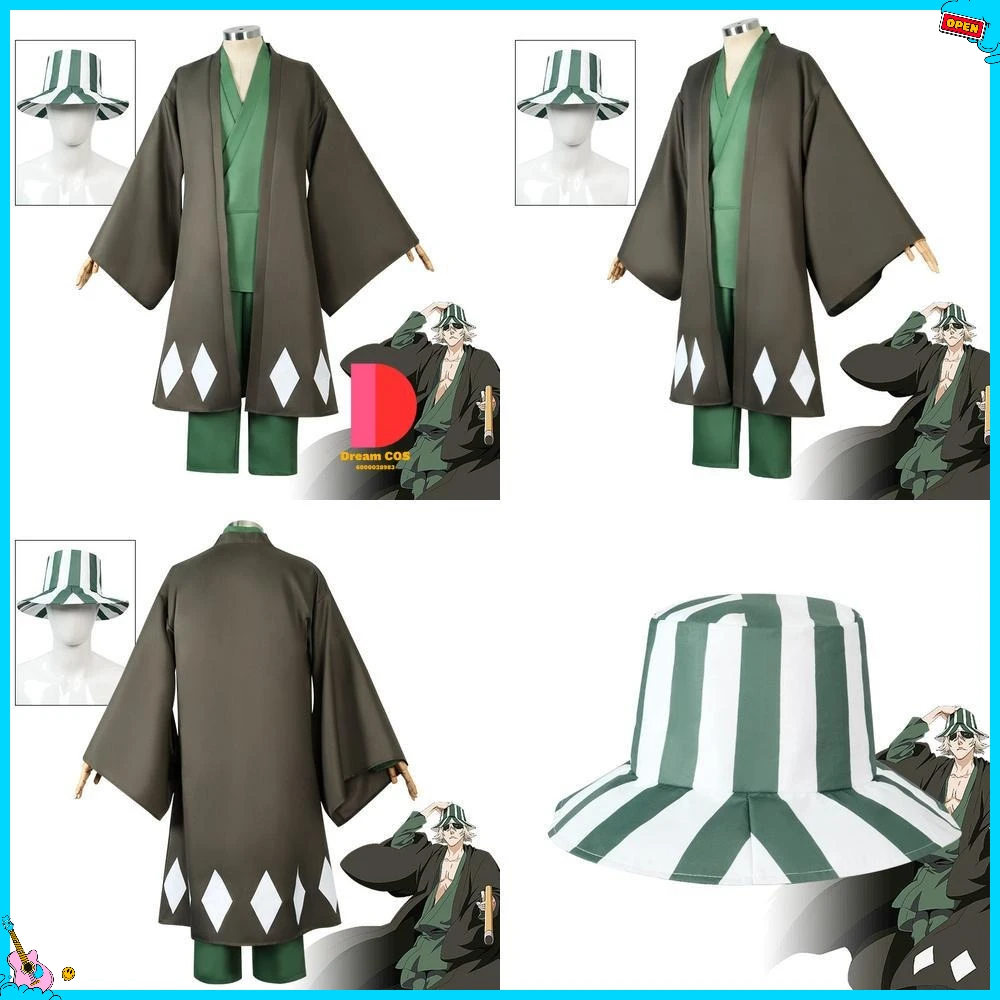 

Popular Anime Cosplay Costume Kisuke Urahara Green Kimono Set Classic Role Play Hat for Comic Con Halloween Party Men Outfit