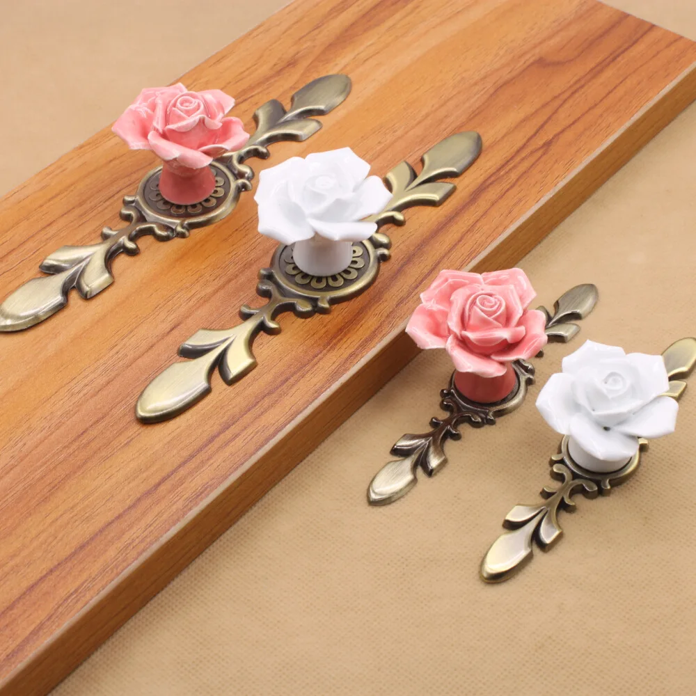 Vintage Furniture Handle Door Knobs Drawer Cupboard Kitchen Pull Handle Rose Flower Ceramic Cabinet Handles Retro Hardware