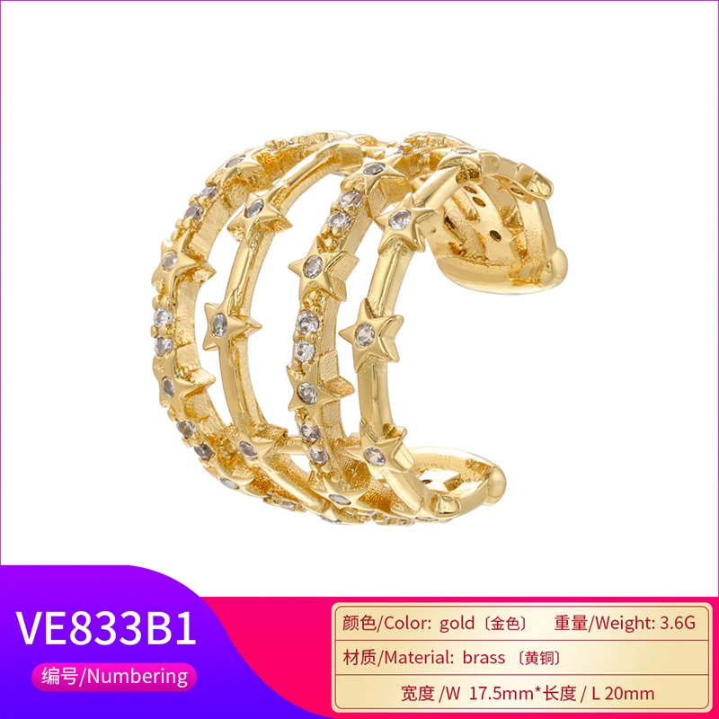 ZHUKOU gold color Ear cuffs adjustable ear clips Cubic zirconia clip on earrings Summer fake piercing earrings wholesale VE833