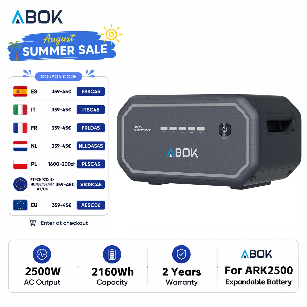 Batterie extensible Abok 2500W 2160Wh pour station d'alimentation portable Ark2500, générateur solaire, maison, extérieur, camping, banque d'alimentation mobile