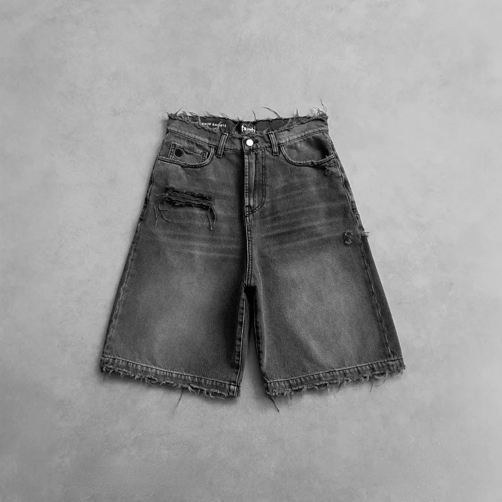 

High Quality Black Punk Washed Denim Shorts Mens Summer Hip Hop Ripped Hole Raw Edge Jorts Y2k Retro Street Jean Shorts