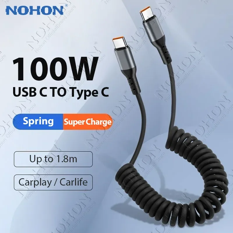 Coil 100W Ultra Fast Charging USB Type C Cable Spring 66W 5A Quick Charger USB C To Type C Wire for Samsung S23 Xiaomi