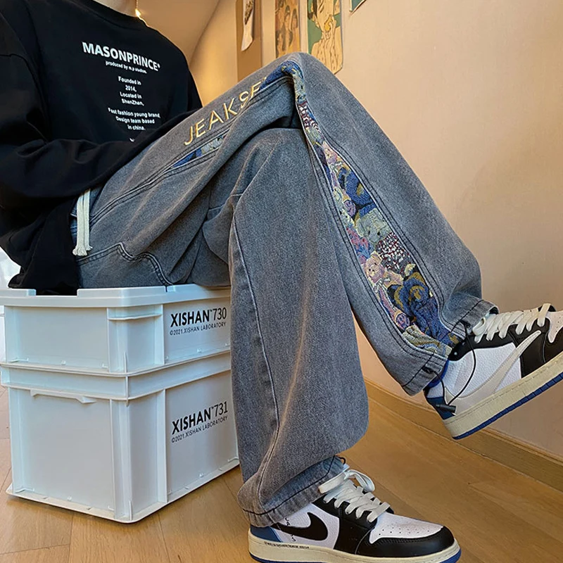 

Мужские джинсы с широкими штанинами, уличный стиль, высокая талия, весна-осень, повседневные свободные джинсовые брюки, модные рабочие брюки