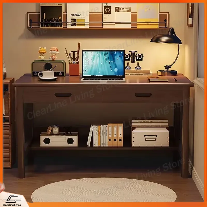 Modern Minimalist Solid Wood Computer Desk with Storage Bookshelf Office Furniture Home Study Writing Table Ergonomic