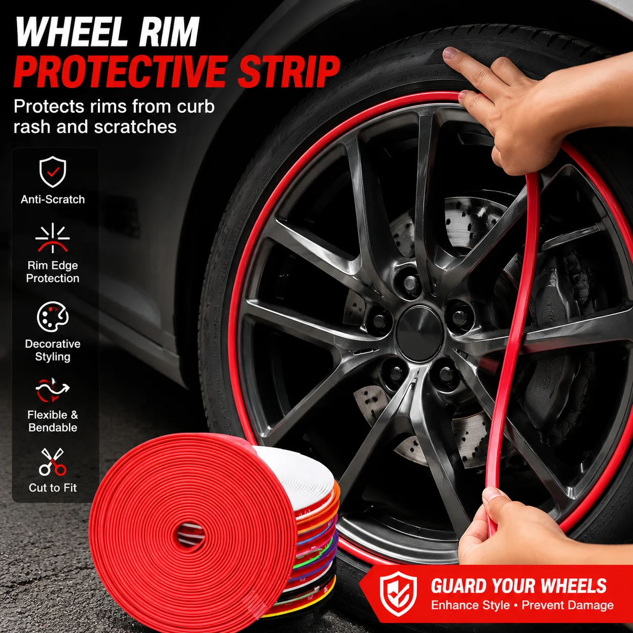 PINMOAP Wheel Rim Protector 8m Roll Universal Car Tire Edge Trim Anti Scratch Curb Rash Guard Fit 13-22 Inch Wheels Rubber Strip