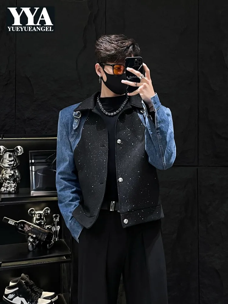 Mens Spring Denim Spliced Short Jacket Contrasting Single Breasted Padded Shoulder Jackets Fashion Lapel Long Sleeve Loose Coats