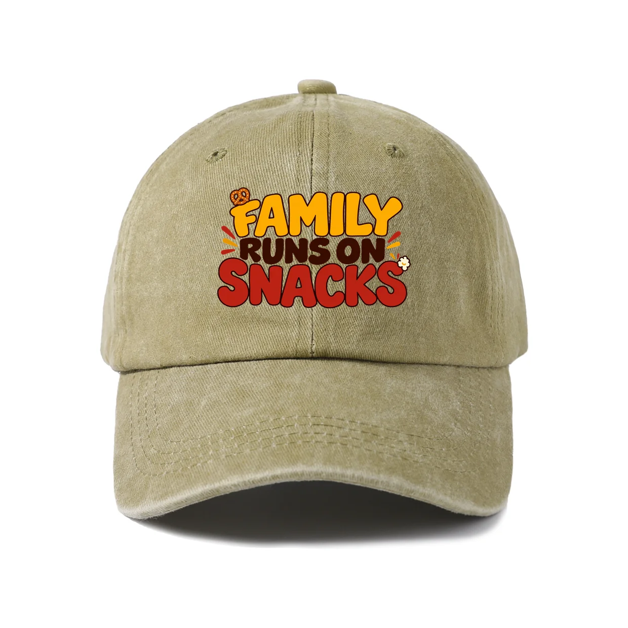 Family Runs On Snacks Graphic Vintage Washed Baseball Cap, Adjustable Unisex Dad Hat, Casual Gift