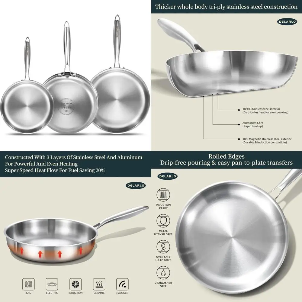 

Набор сковородок из нержавеющей стали — 8, 10, 12-дюймовая трехслойная посуда для быстрого нагрева и качественного приготовления шеф-повара