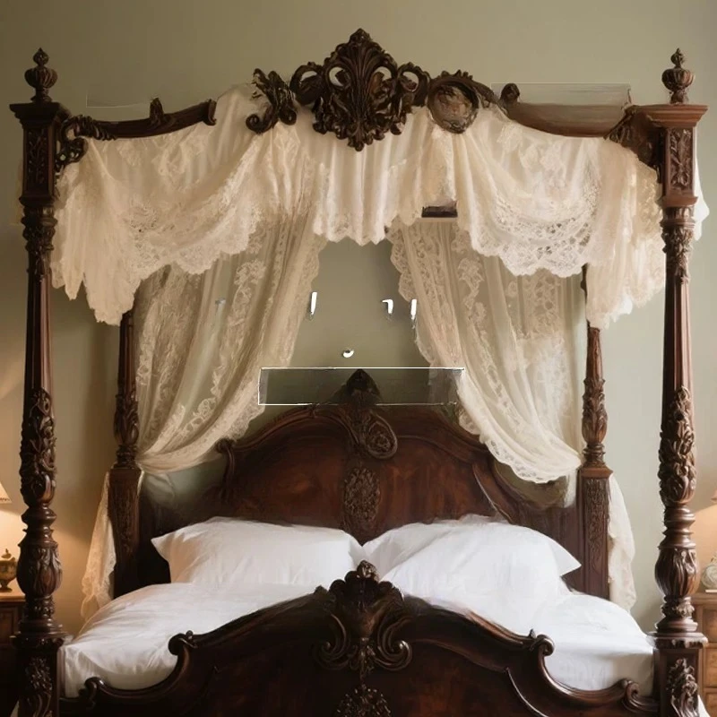 Hand carved solid wood bed Roman column four-poster double bed color