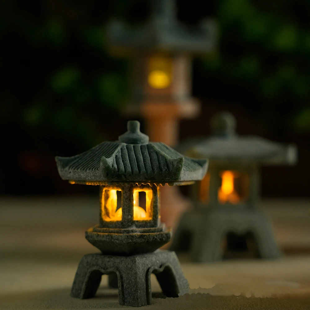 معبد صغير فانوس ضوء حديقة تمثال المشهد الصغير خزان الأسماك زن ساحة حوض السمك بونساي زن حديقة ديكورات المنزل في الهواء الطلق