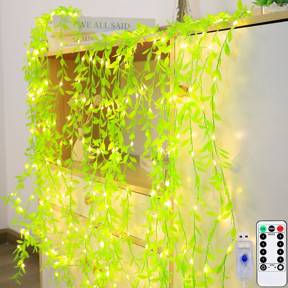 1set Willow Leaves Vine Window Curtain Lights, 100 LED Green Leaves USB Curtain Fairy String Lights with 8 Lighting Modes