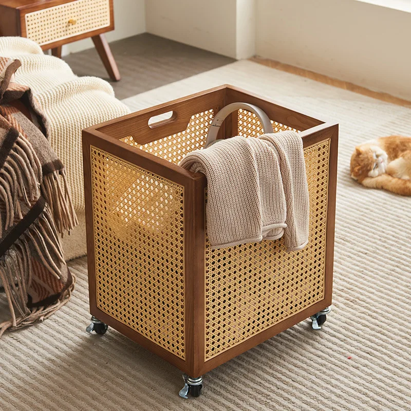 Customizable medieval solid wood rattan storage box badminton racket yoga mat fitness equipment storage basket movable belt