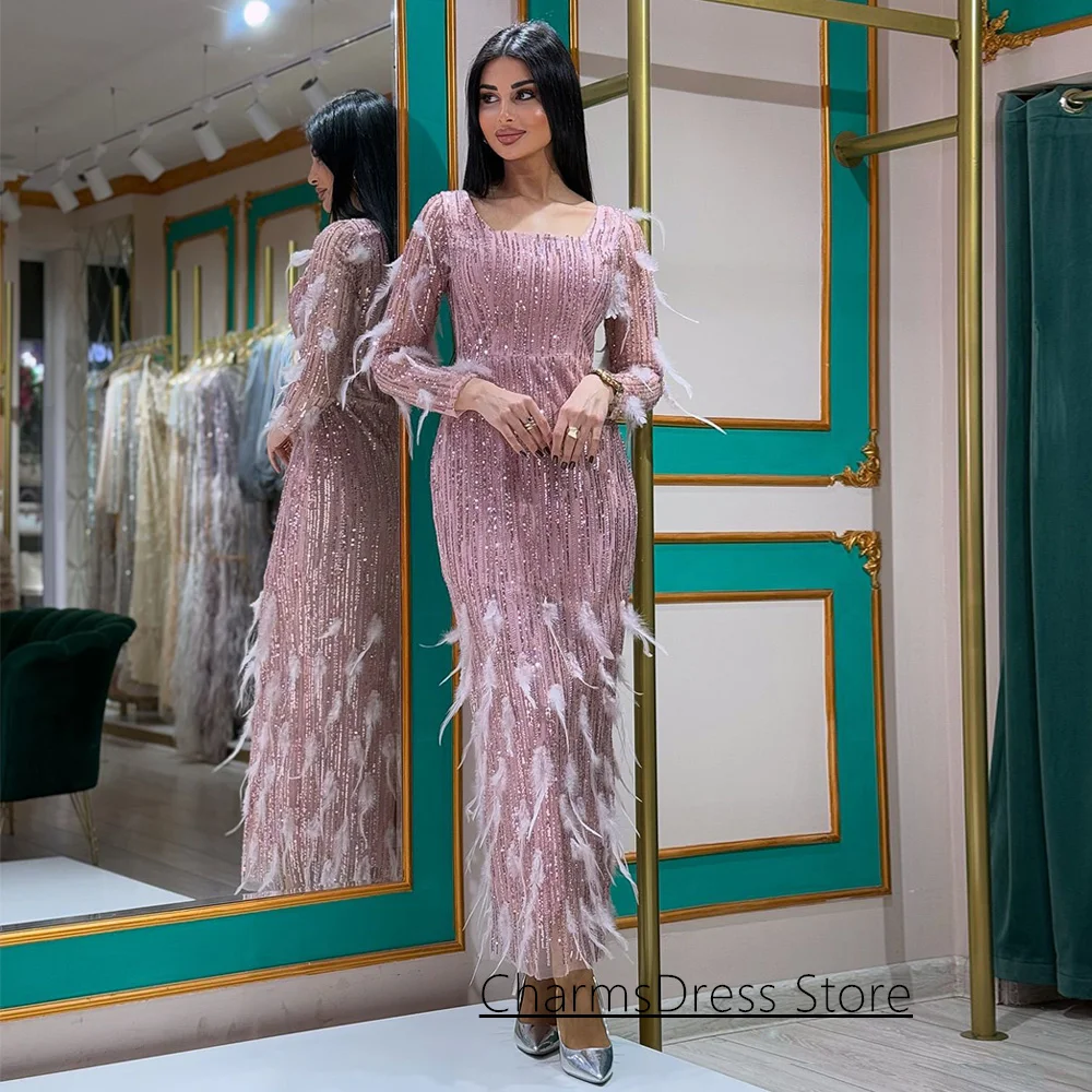 

Pink Sequined Prom Dress Customized Square Neck Long Sleeves Feathers Ankle Length Mermaid Party Gown Cocktail Dresses