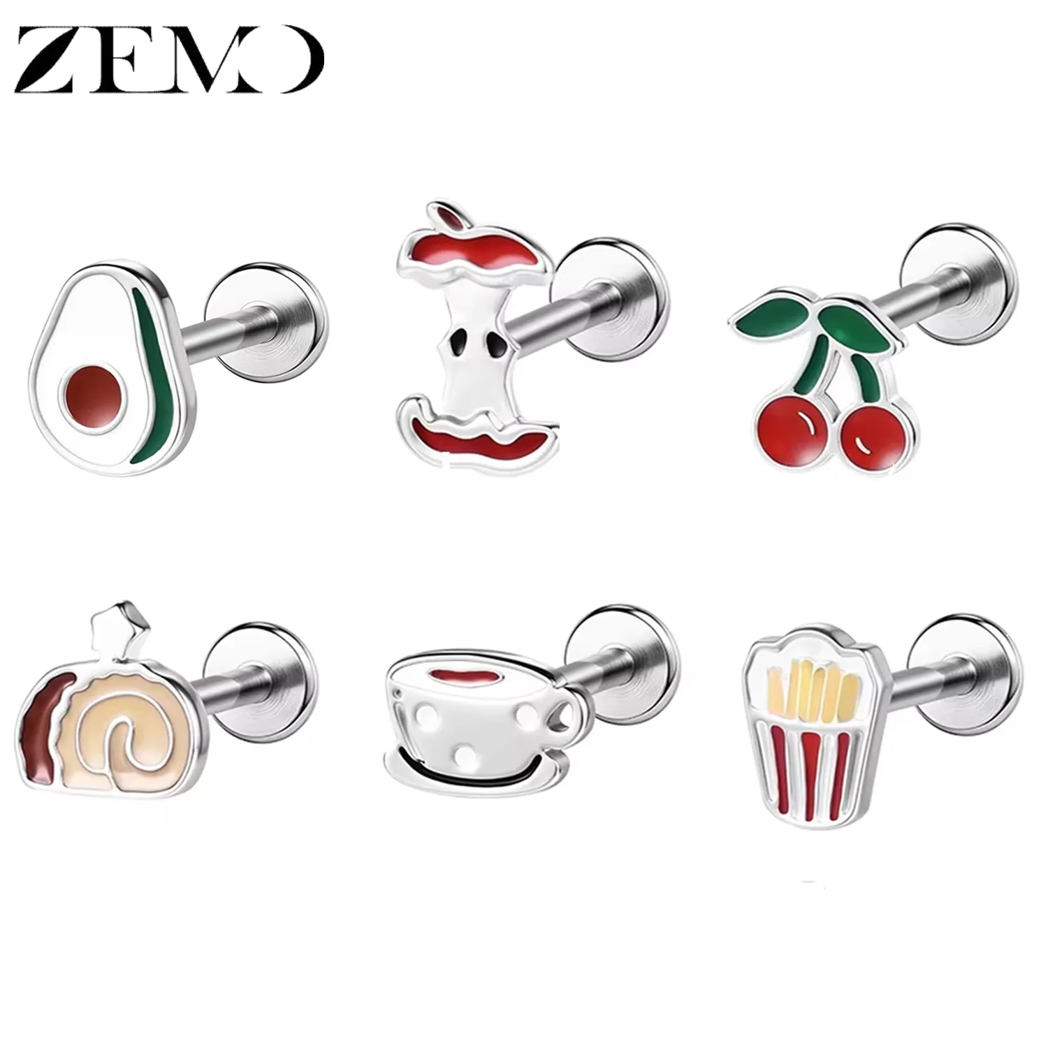 ZEMO 1 Piece 16G/18G Cartoon Cute Lip Studs Stainless Steel Cake Fruit Cheese Labret Lip Piercings Helix Lobe Piercings Jewelrys