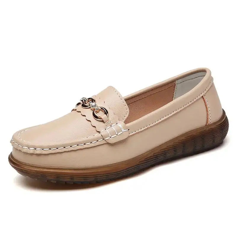 

Woman's Spring Summer Leather Shallow Slip-On Low Heels Big Size Casual Nude Shoe Soft Sole Non Slip Loafers Shoes