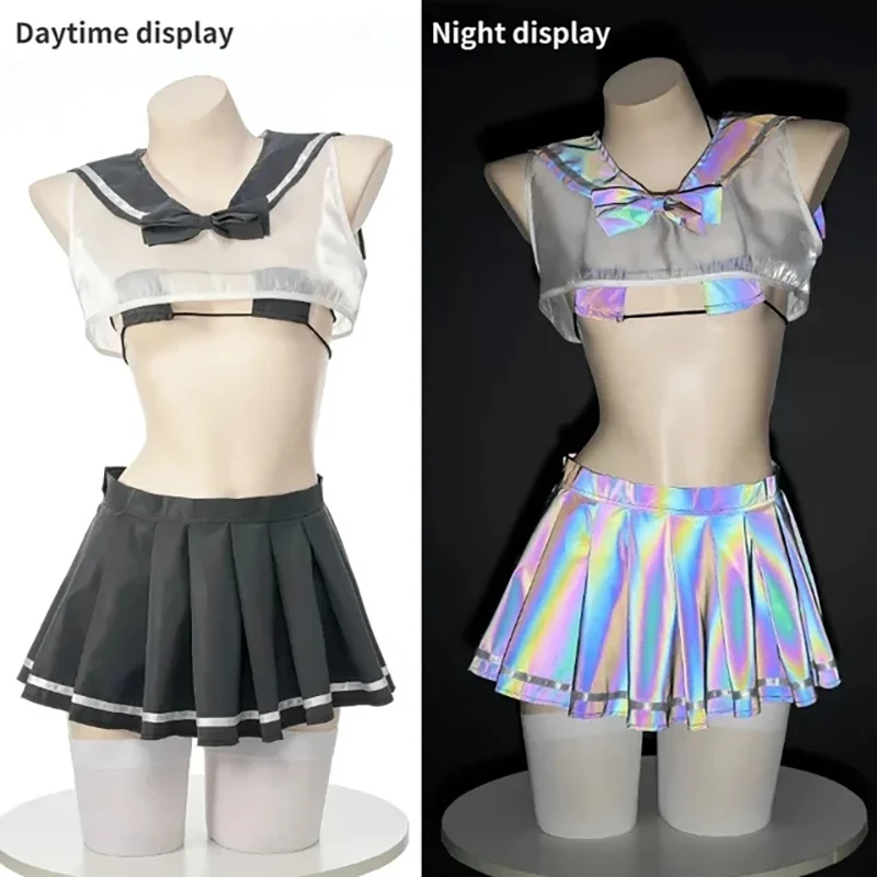 

Anime Transparent Sexy JK Uniform Girl Women Cosplay Glow Sailor Suit Night Luminous Bikini Top Skirt Suit Costume Lingerie Set