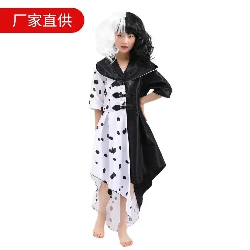 Evil Madame Cruella De Vil Cosplay Halloween Costume for Kids Woman Half Black Half White Wig Girls Princess Summer Night Dress