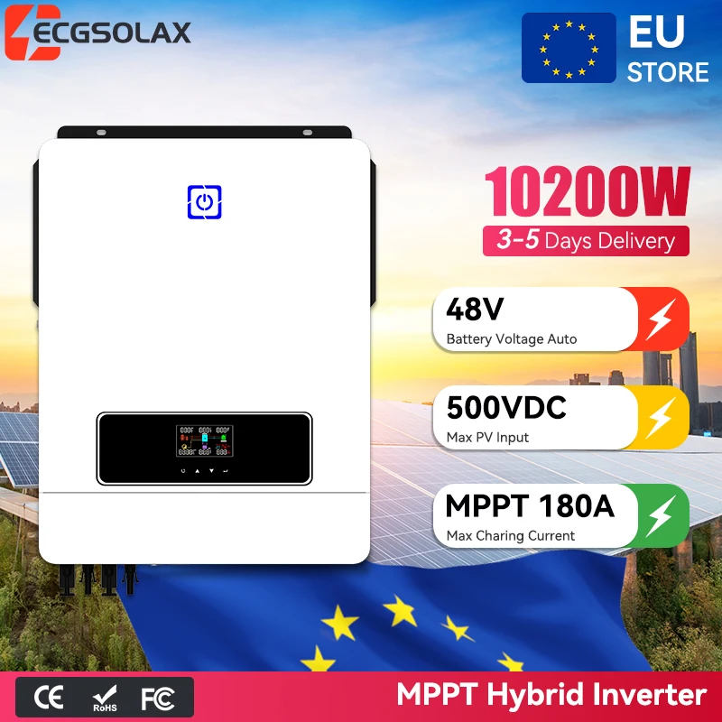 Ecgsolax Nieuwe 10.2Kw Solar Hybride Omvormer 48V 230Vac met Dubbele MPPT 180A Solarlader Off-Grid Hybride Solar Omvormer Max PV 500Vdc voor Lifepo4 Batterij Thuisgebruik