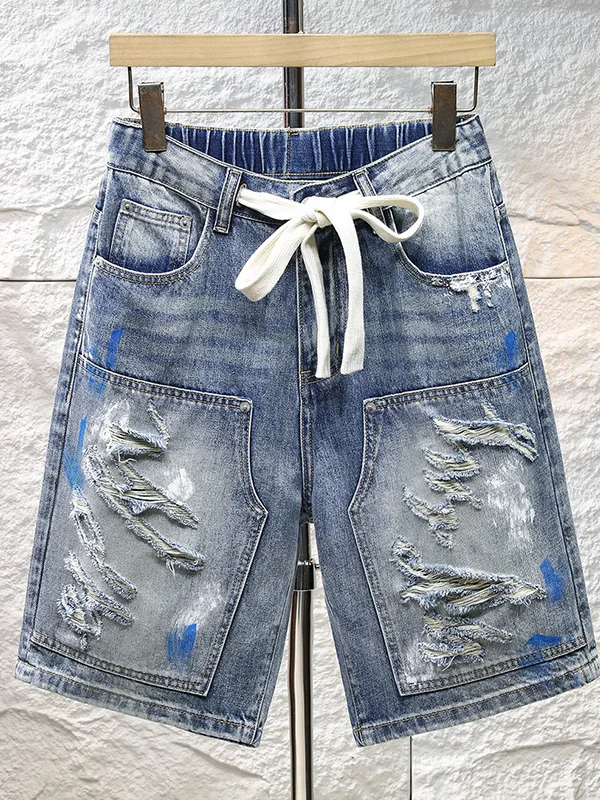 

Мужские джинсовые шорты премиум-класса с завязками на талии, прямые, в рабочем стиле, свободного кроя, длиной до колена, со средней посадкой