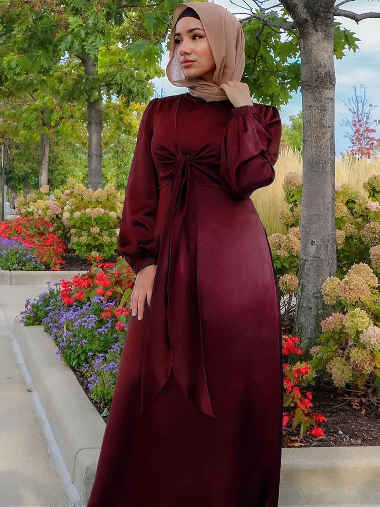 Vestido largo musulmán de satén Abaya para mujer, elegante Hijab envolvente frontal con cinturón, vestidos modestos para fiesta árabe Islam Turquía