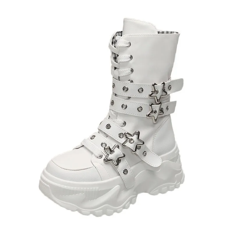 Women's Platform Combat Boots Gothic Star Buckle Mid-calf Boots Lace-up Thick Sole Motorcycle Boots Black/red/yellow/white view 4