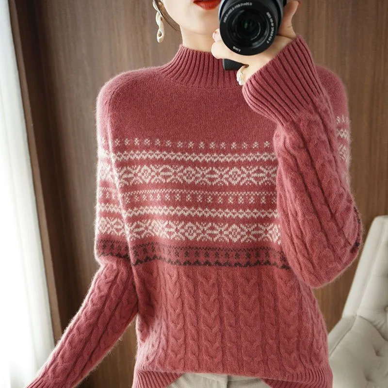 

New Autumn/Winter Fashion Korean Edition Vintage Jacquard Half High Neck Loose Versatile Foreigner Women's Long Sleeve Sweater