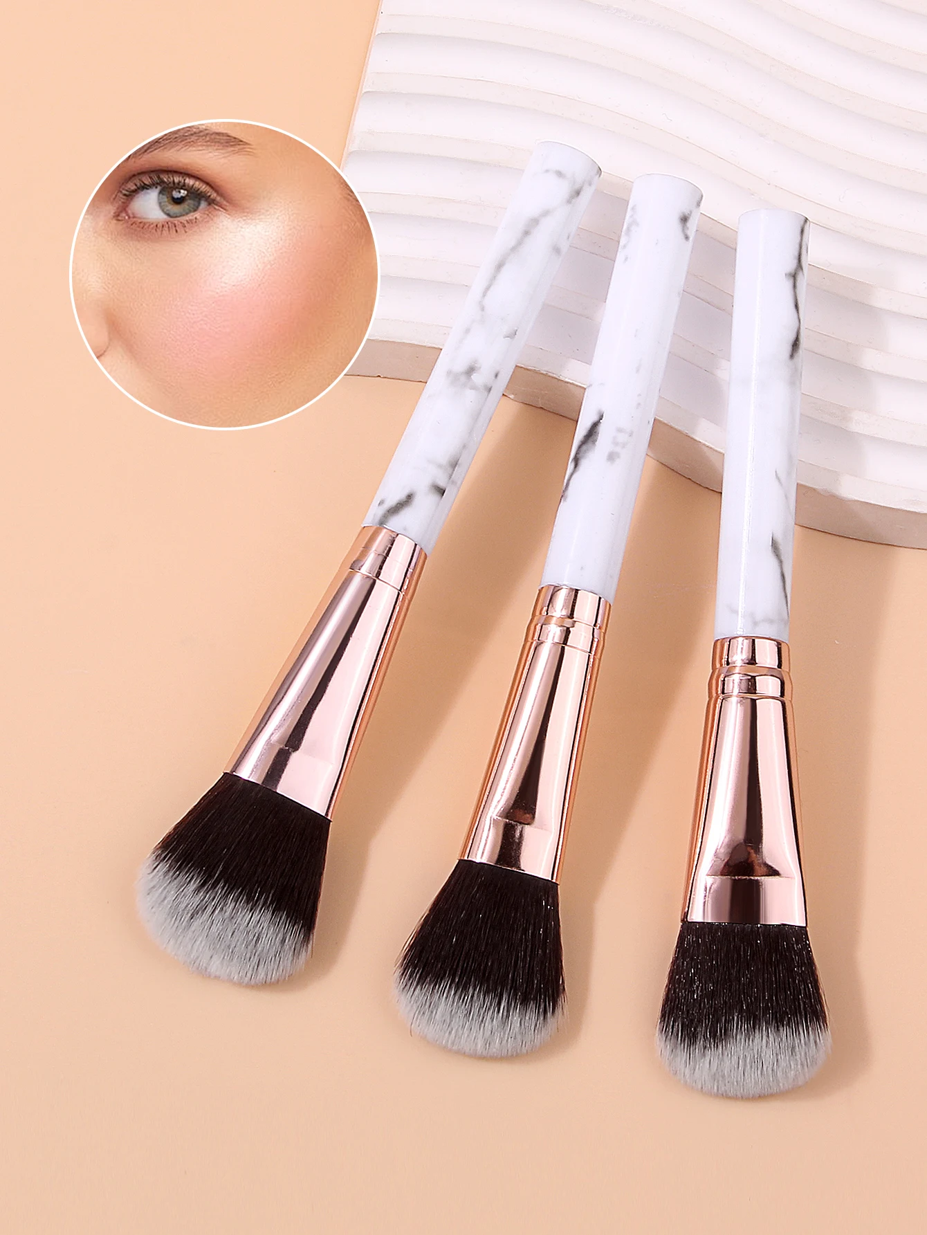 3PCS Professional Flat Cream Makeup Brushes Set, Face Contour Blusher Foundation Brush, Marble Handle Makeup Tools