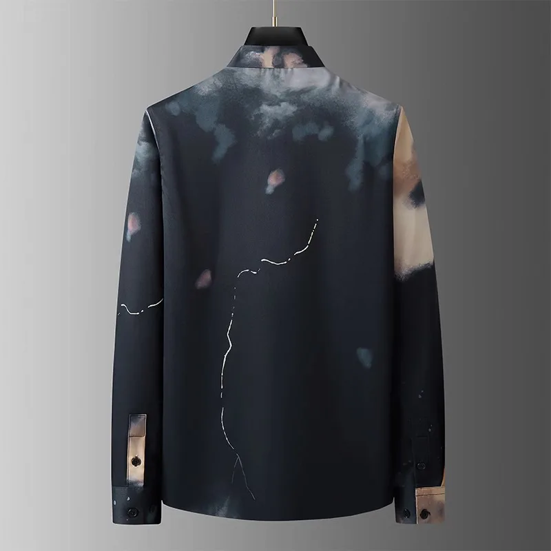 Early spring new non ironing and wrinkle resistant men's long sleeved shirt, high-end half moon digital printed shirt