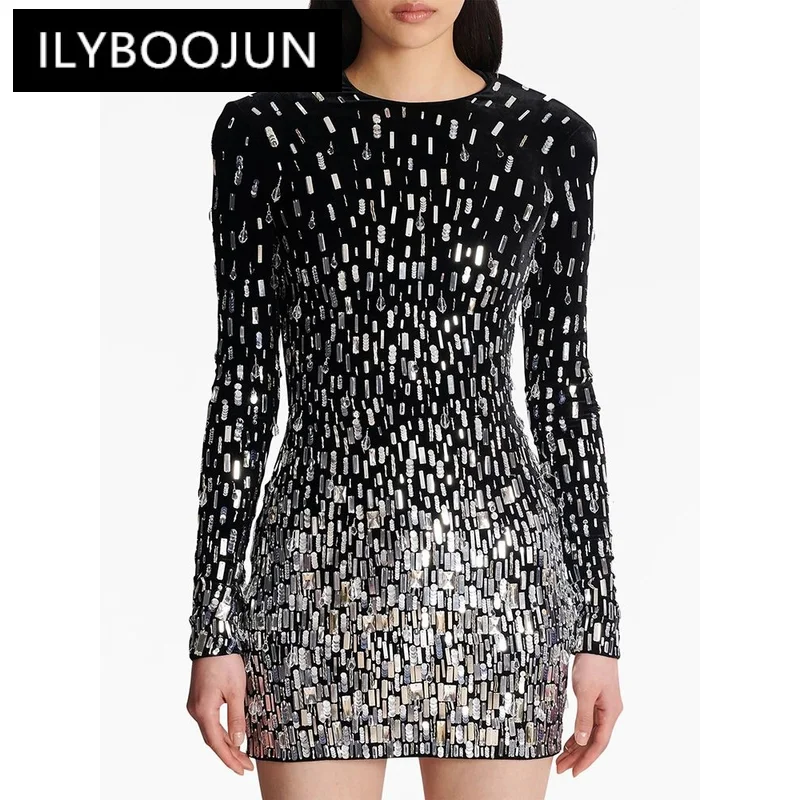 

ILYBOOJUN Newest Fashion 2024 Designer Women's Long Sleeve Luxurious Sequined Crystal Beaded Velvet Mini Dress