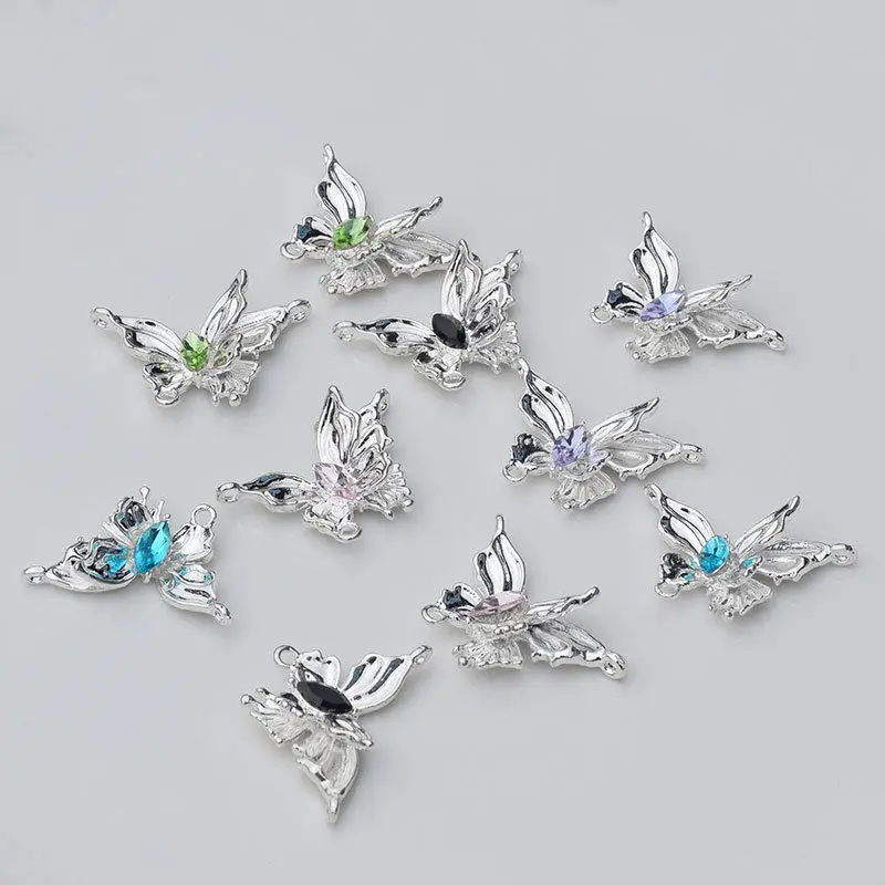 New 19 * 30MM 6/piece Alloy Three-dimensional Versatile Silver Glass Butterfly Pendant DIY Necklace Bracelet Accessory